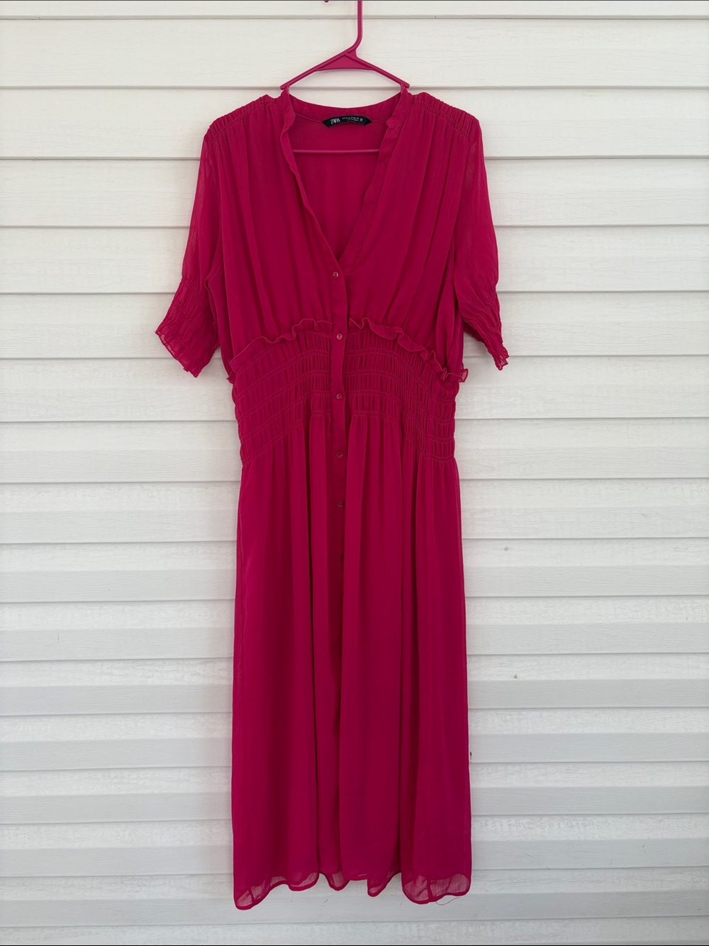 Zara M Raspberry Pink Midi Dress Smocked Waist Button Front Boho